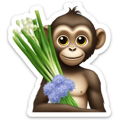 monkey holding a bouquet of onions and spring onions (it looks like a bouquet of flowers with beautiful wrappings) sticker