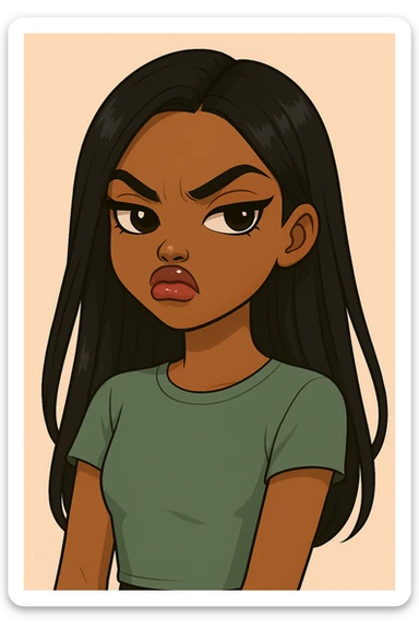 Remove the side-eye, make her look straight ahead with an angry, snooty attitude, nose turned up, headshot only, 20-year-old anime Bratz style woman with dark skin, straight hair, more casual outfit, big expressive eyes, glossy lips, no hat, no tears. sticker