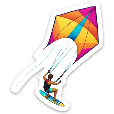 A vibrant kite soaring high in the sky, attached to a kiteboarder riding the waves below. The scene is filled with bright colors, capturing the energy of the sport. The background features the ocean, wind-blown waves, and a clear sky, showcasing the excitement and freedom of kiting. sticker