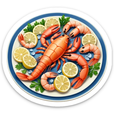 seafood on a porcelain platter with lemon  sticker