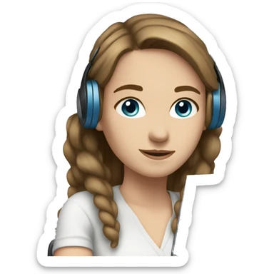 white girl at desk, brown hair, ponytail, blue eyes, computer, headphones sticker