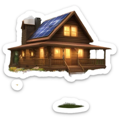 Skywalker Cabin is a clean Very big Wood Cabin near tree on the mountain in the background. with fancy solar arrays on top. The cabin sits on thick grass fields. porch lights on ,guests on porch smoking cigarettes, springtime flowers and bushes nearby sticker
