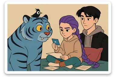 Combine the boy with black hair from the second image into the scene with the purple-haired girl and the blue tiger from the first image. Arrange them naturally as if they are all part of the same moment, matching the lighting and cartoon style of the flat toon style. sticker