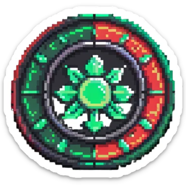Member medallion with green to red gradient aura and pixel art details sticker