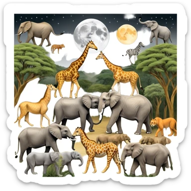 Collage of wild animals like lions, elephants, tigers, giraffes, and wolves in their natural habitats. Lions roam the savannah, elephants walk through forests, tigers crouch in the jungle, giraffes nibble trees, and wolves howl under the moon. Vibrant, nature-filled background. sticker