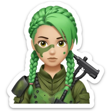 paintball player with geared face boy braided green hair sticker
