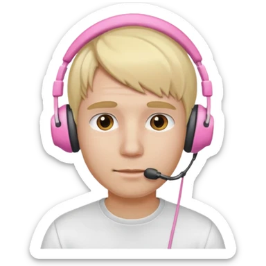 guy with blonde hair, white shirt and pink headset sticker