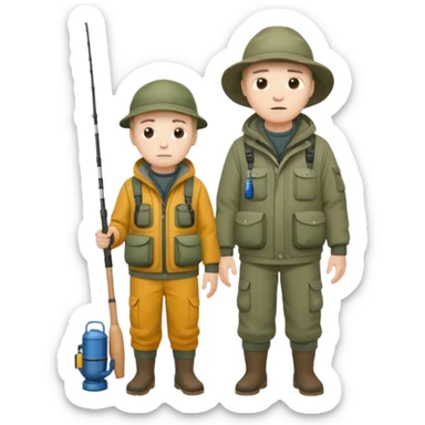 Father and son in fishing gear gesturing that they are cold, full body sticker