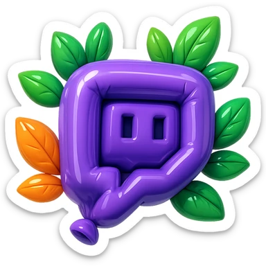 Ultra soft, balloon-like Twitch logo, extremely rounded and puffy, cartoon style, thick outline, dramatic shadows, shiny highlights, surrounded by vivid leaves, no background. Focus on extra contours, shadows, and glossy effects, matching the reference style. sticker
