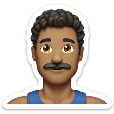 Man with wavy dark brown hair, a mustache and muscles sticker