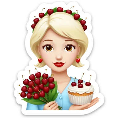 Beautiful woman with bouquet of flowers and lush white cakes with icing and cherries emoji style sticker