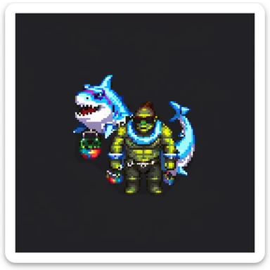 orc male standing in a shark-shaped inflatable floatie, with big sunglasses and a whistle necklace, pixel art style sticker