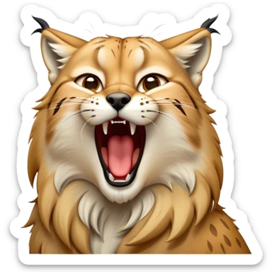 Cinematic-detailed-Yawning-Lynx-Portrait-Emoji – Head tilted slightly with a dramatic, wide-open yawn, revealing a sleek golden-brown fur coat with subtle spots, signature black ear tufts standing tall, round amber eyes barely open in drowsy contentment zoomed out to show the shoulders sticker