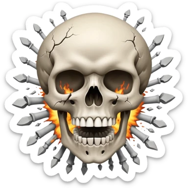 

Skull exploding into a mushroom cloud; cracks/fractures surround the blast. Detached lower jaw hangs loose with visible teeth. sticker