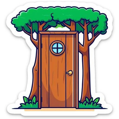 wooden door embedded in a tree, secret forest hideout vibe sticker