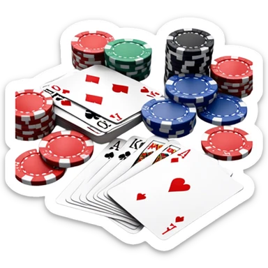 A photorealistic icon featuring playing cards, poker chips and a deck of cards spread out on a table. Bright, detailed design with realistic textures and lighting. Transparent background, clearly symbolizing card games and strategy. sticker
