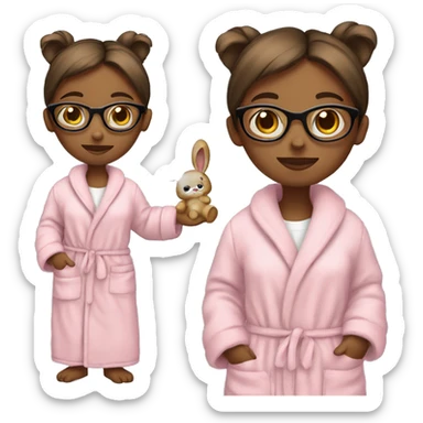 girl with glasses holding a teddy bear that’s wearing a bunny dressing gown  sticker