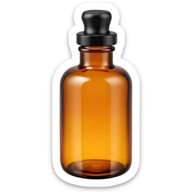 small amber glass bottle with narrow neck and tightly sealed black or white screw cap, translucent glass with subtle glow, apothecary style, no label, dropper, or extras, soft lighting, subtle shadows, emoji scale sticker