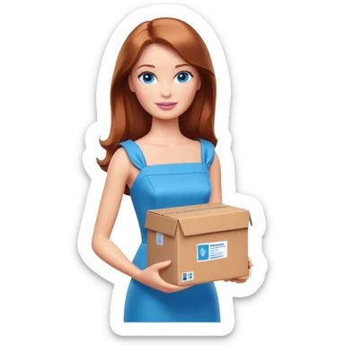 Barbie with blue eyes, shoulder-length reddish-brown hair in a brown dress holds a package box sticker