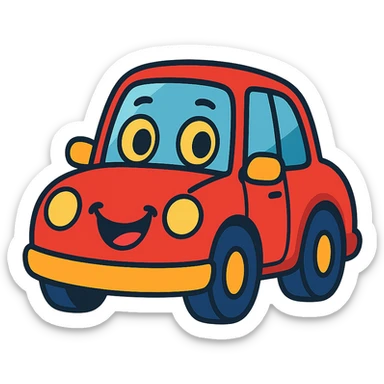 cartoon car with a friendly face, big eyes, smiling mouth, vibrant colors sticker