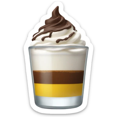 Shot glass, the liquid inside is divided in two, yellow at the bottom and coffee on top covered whit a nice spry cream and chocolate powder sticker