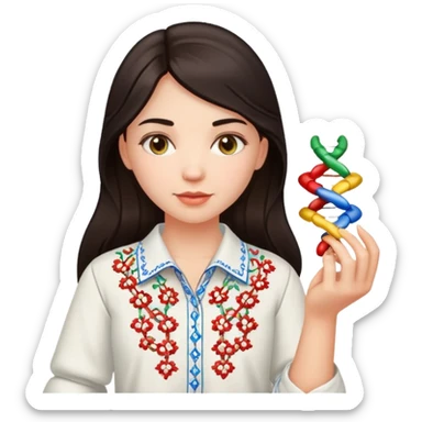 Ukrainian girl with dark hair in an embroidered traditional shirt holds a DNA molecule in her hand sticker