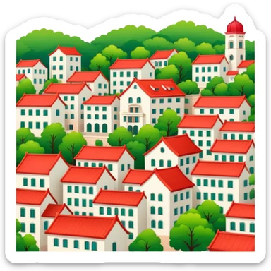 Qingdao European style buildings in Badaguan area with red roof and green trees, simplified emoji style with bold outlines and bright colors, cartoon style German architecture sticker