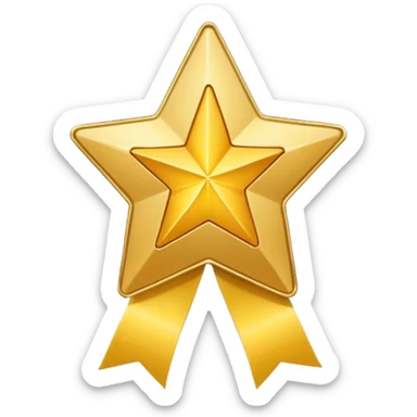 Create a gold star badge emoji in Apple emoji style with a ribbon attached to the badge. Keep the background transparent. sticker