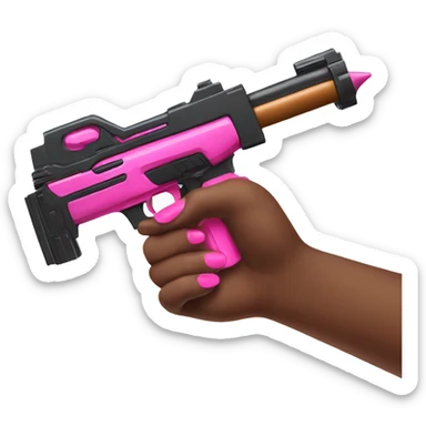 brown hand with pink nails holding large scary dark nerf gun sticker