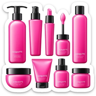 a collection of bright pink skincare and coqquette sticker