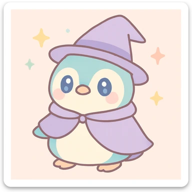 a chubby penguin with a wizard hat and cloak, surrounded by sparkles, soft rounded illustration style, kawaii style, adorable and gentle colors sticker
