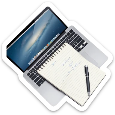 top view of a MacBook and a notebook with a pen nearby, notebook with visible notes sticker