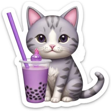a cat drinking from a mini purple bubble tea cup, cat and bubble tea are different separate figures sticker