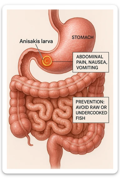 a cutaway view of the human digestive tract, showing an Anisakis larva attached to the stomach or intestinal wall. The parasite is highlighted in color, with surrounding tissue rendered in realistic detail. Educational labels describe symptoms and prevention. sticker