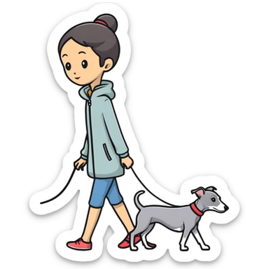 Asian girl walking an all grey Italian greyhound with no white nose, completely grey dog sticker