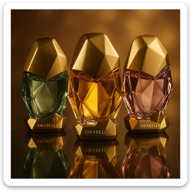 Create a cinematic, realistic 3D rendering of the Orabella fragrance bottle, matching the real design and colors, placed on a reflective surface with a sophisticated atmosphere. Emphasize reflections and luxury ambiance. sticker