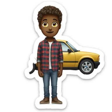 boy in plaid with car leaning on a bmw sticker