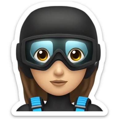 a woman with an a black scubadiver suit. she has blue eyes inside the dive mask. brown long and straight hair sticker