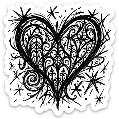 Add intricate gothic patterns to the black goth heart in a chaotic icon style, incorporating detailed and complex gothic motifs with a chaotic artistic flair. sticker