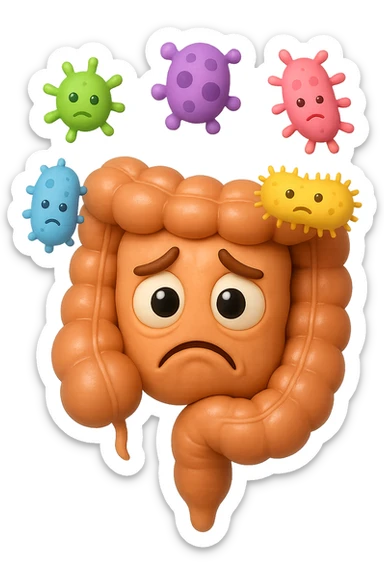 EMOJI STILE IPHONE 3D DI INTESTINO 3D CON ESPRESSIONE TRISTE  IN VOLTO MENTRE SOPRA LUI FLUTTUANO BATTERI, FAGLI ANCHE LA PARTE BIANCA DEGLI OCCHI, NON SOLO LA PUPILLA sticker