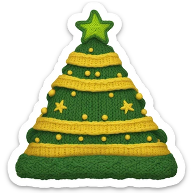 A knit hat like a Christmas tree，The bottom is wide enough for people to wear and has a yellow pentacle on top. The hat is divided into three parts horizontally by blue thread, and the whole hat has several small yellow, yellow and white wool balls. sticker