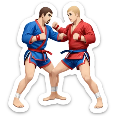 Two Sambo fighters in blue and red kimonos, with shorts and wrestling shoes, performing grappling and throwing techniques. The background shows a wrestling mat and an intense, focused atmosphere. Transparent background highlights the fluidity and skill of the sport without strikes. sticker