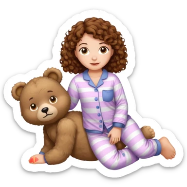 Grown up Woman with brown eyes, brown curly hair, white skin, full body in cute pijama bear sticker