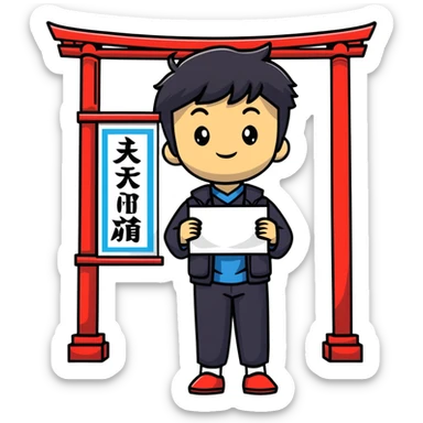 Japanese high school boy welcoming visitors with poster at cultural festival entrance sticker
