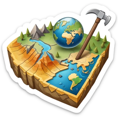 An icon featuring a pickaxe and a geological map, and layers of Earth’s crust, symbolizing geology. The design includes mineral samples, fossils, and tectonic plates, representing the study of Earth’s structure and natural processes. Transparent background highlights geological exploration sticker