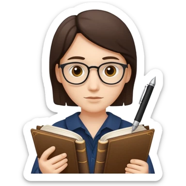 writer holding pen and book sticker
