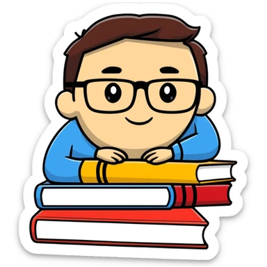 cartoon sticker of an intellectual person with glasses and a stack of books sticker
