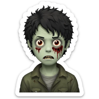 Boy, zombie, black and curly hair, medium long, emo, shaggy, dark, spooky, creepy expression sticker