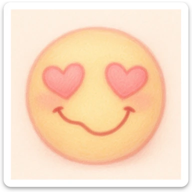 cute emoji, heart eyes, playful grin, pastel pink and yellow sticker