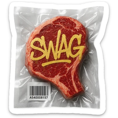 steak with gold graffiti-style 'SWAG' text, glossy, vacuum-sealed style sticker